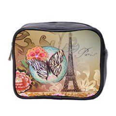 Fuschia Flowers Butterfly Eiffel Tower Vintage Paris Fashion Mini Travel Toiletry Bag (two Sides) by chicelegantboutique