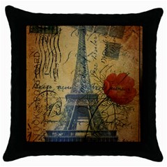 Vintage Stamps Postage Poppy Flower Floral Eiffel Tower Vintage Paris Black Throw Pillow Case by chicelegantboutique