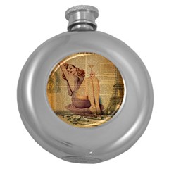 Vintage Newspaper Print Pin Up Girl Paris Eiffel Tower Hip Flask (round) by chicelegantboutique