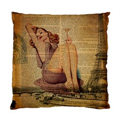 Vintage Newspaper Print Pin Up Girl Paris Eiffel Tower Cushion Case (two Sided)  by chicelegantboutique