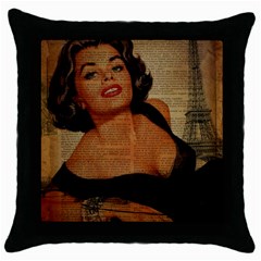 Vintage Newspaper Print Pin Up Girl Paris Eiffel Tower Black Throw Pillow Case by chicelegantboutique