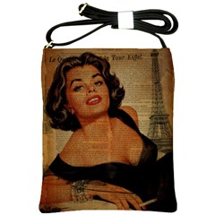 Vintage Newspaper Print Pin Up Girl Paris Eiffel Tower Shoulder Sling Bag by chicelegantboutique