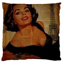 Vintage Newspaper Print Pin Up Girl Paris Eiffel Tower Large Cushion Case (single Sided)  by chicelegantboutique