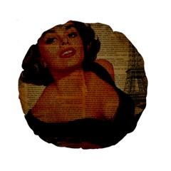 Vintage Newspaper Print Pin Up Girl Paris Eiffel Tower 15  Premium Round Cushion  by chicelegantboutique