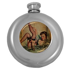 Vintage Newspaper Print Sexy Hot Pin Up Girl Paris Eiffel Tower Hip Flask (round) by chicelegantboutique