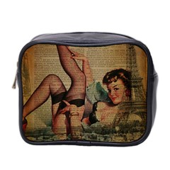 Vintage Newspaper Print Sexy Hot Pin Up Girl Paris Eiffel Tower Mini Travel Toiletry Bag (two Sides) by chicelegantboutique