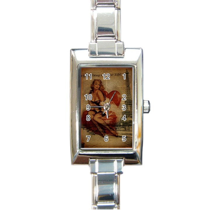 Vintage Newspaper Print Sexy Hot Gil Elvgren Pin Up Girl Paris Eiffel Tower Rectangular Italian Charm Watch