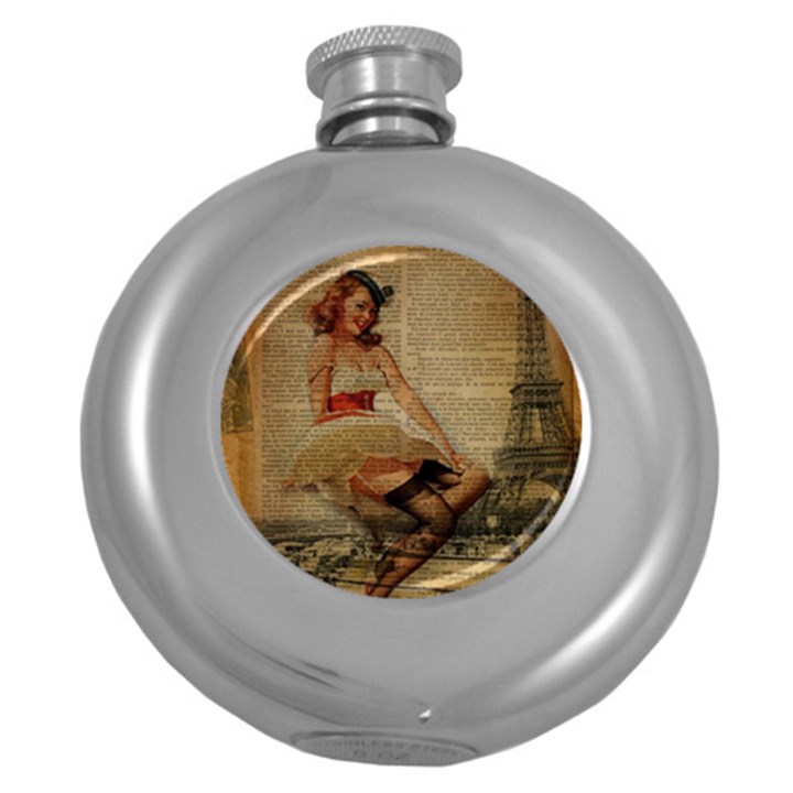 Cute Sweet Sailor Dress Vintage Newspaper Print Sexy Hot Gil Elvgren Pin Up Girl Paris Eiffel Tower Hip Flask (Round)