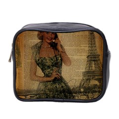 Retro Telephone Lady Vintage Newspaper Print Pin Up Girl Paris Eiffel Tower Mini Travel Toiletry Bag (two Sides) by chicelegantboutique