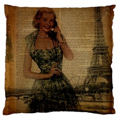 Retro Telephone Lady Vintage Newspaper Print Pin Up Girl Paris Eiffel Tower Large Cushion Case (two Sided)  by chicelegantboutique