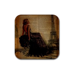 Elegant Evening Gown Lady Vintage Newspaper Print Pin Up Girl Paris Eiffel Tower Drink Coaster (square) by chicelegantboutique