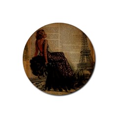 Elegant Evening Gown Lady Vintage Newspaper Print Pin Up Girl Paris Eiffel Tower Drink Coaster (round) by chicelegantboutique