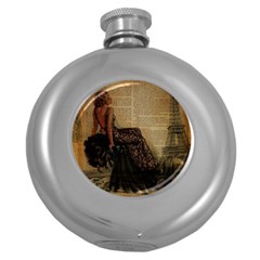 Elegant Evening Gown Lady Vintage Newspaper Print Pin Up Girl Paris Eiffel Tower Hip Flask (round) by chicelegantboutique