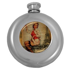  Vintage Newspaper Print Pin Up Girl Paris Eiffel Tower Funny Vintage Retro Nurse  Hip Flask (round) by chicelegantboutique