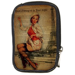  Vintage Newspaper Print Pin Up Girl Paris Eiffel Tower Funny Vintage Retro Nurse  Compact Camera Leather Case by chicelegantboutique