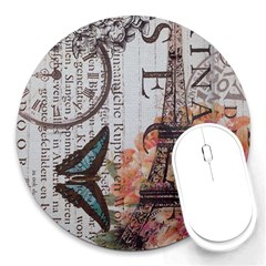 Vintage Clock Blue Butterfly Paris Eiffel Tower Fashion 8  Mouse Pad (round) by chicelegantboutique