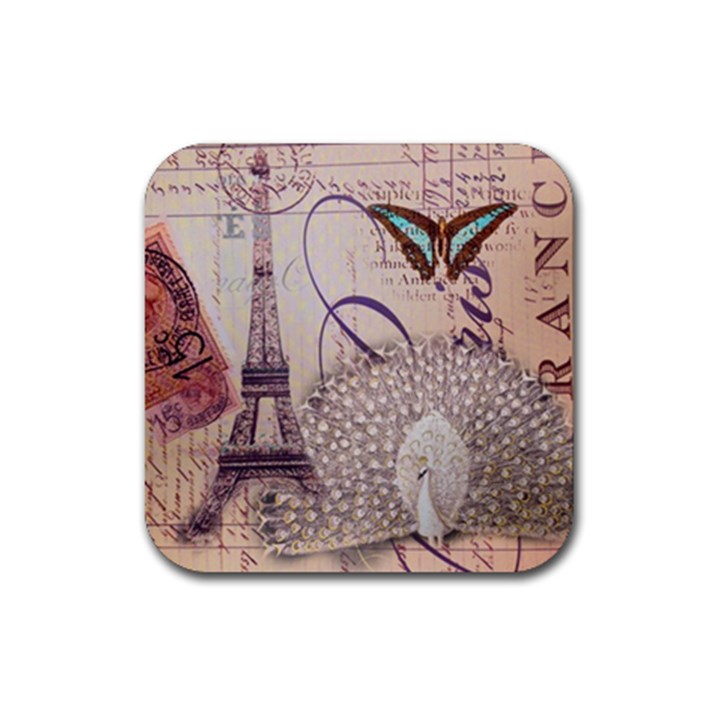 White Peacock Paris Eiffel Tower Vintage Bird Butterfly French Botanical Art Drink Coaster (Square)