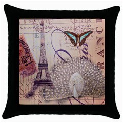 White Peacock Paris Eiffel Tower Vintage Bird Butterfly French Botanical Art Black Throw Pillow Case by chicelegantboutique