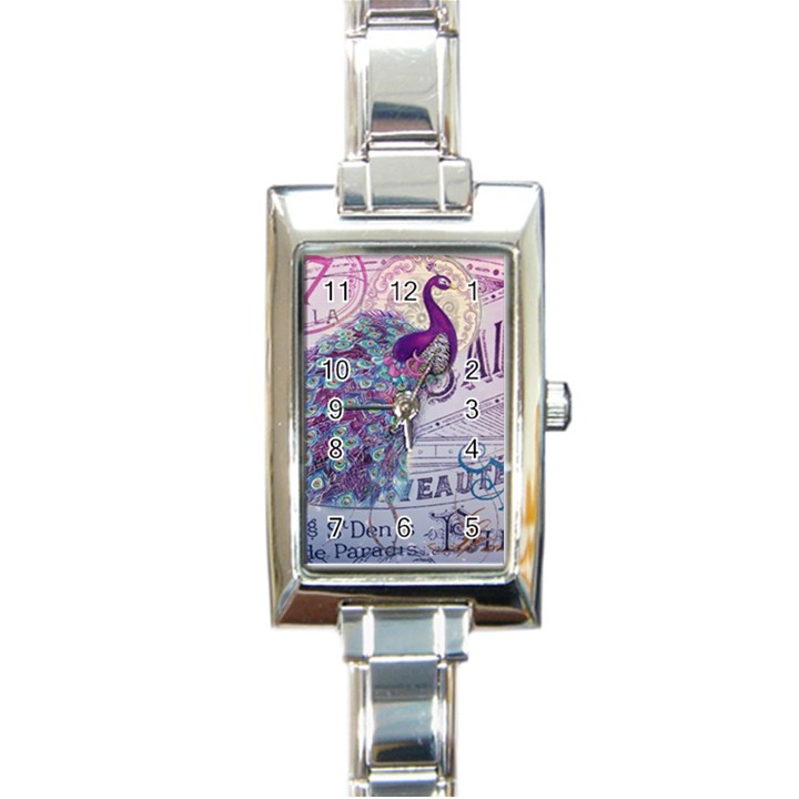 French Scripts  Purple Peacock Floral Paris Decor Rectangular Italian Charm Watch