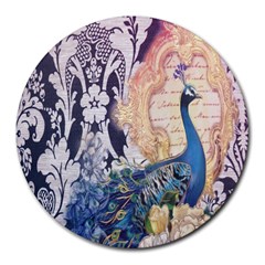 Damask French Scripts  Purple Peacock Floral Paris Decor 8  Mouse Pad (round) by chicelegantboutique