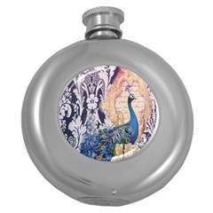 Damask French Scripts  Purple Peacock Floral Paris Decor Hip Flask (round) by chicelegantboutique