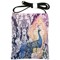 Damask French Scripts  Purple Peacock Floral Paris Decor Shoulder Sling Bag by chicelegantboutique