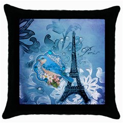 Girly Blue Bird Vintage Damask Floral Paris Eiffel Tower Black Throw Pillow Case by chicelegantboutique