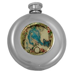 Victorian Girly Blue Bird Vintage Damask Floral Paris Eiffel Tower Hip Flask (round) by chicelegantboutique