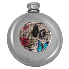 Floral Scripts Blue Butterfly Eiffel Tower Vintage Paris Fashion Hip Flask (round) by chicelegantboutique