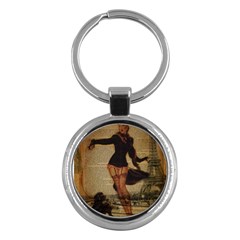 Paris Lady And French Poodle Vintage Newspaper Print Sexy Hot Gil Elvgren Pin Up Girl Paris Eiffel T Key Chain (round) by chicelegantboutique