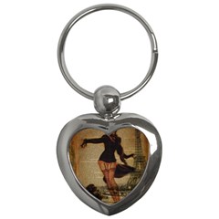 Paris Lady And French Poodle Vintage Newspaper Print Sexy Hot Gil Elvgren Pin Up Girl Paris Eiffel T Key Chain (heart) by chicelegantboutique