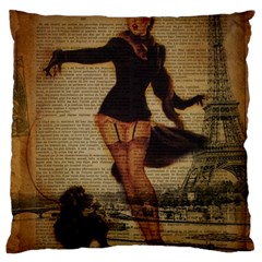 Paris Lady And French Poodle Vintage Newspaper Print Sexy Hot Gil Elvgren Pin Up Girl Paris Eiffel T Large Cushion Case (two Sided)  by chicelegantboutique