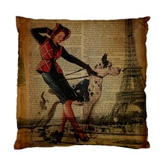 Paris Girl And Great Dane Vintage Newspaper Print Sexy Hot Gil Elvgren Pin Up Girl Paris Eiffel Towe Cushion Case (two Sided)  by chicelegantboutique