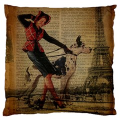 Paris Girl And Great Dane Vintage Newspaper Print Sexy Hot Gil Elvgren Pin Up Girl Paris Eiffel Towe Large Cushion Case (two Sided)  by chicelegantboutique