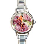 Cute Purple Dress Pin Up Girl Pink Rose Floral Art Round Italian Charm Watch Front