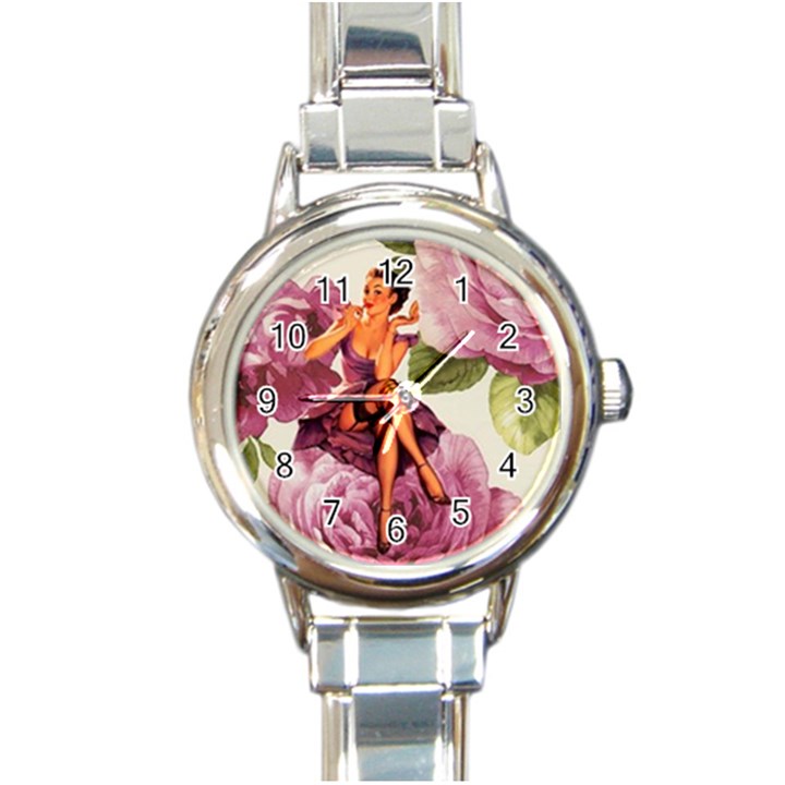 Cute Purple Dress Pin Up Girl Pink Rose Floral Art Round Italian Charm Watch