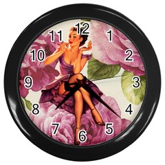 Cute Purple Dress Pin Up Girl Pink Rose Floral Art Wall Clock (black) by chicelegantboutique