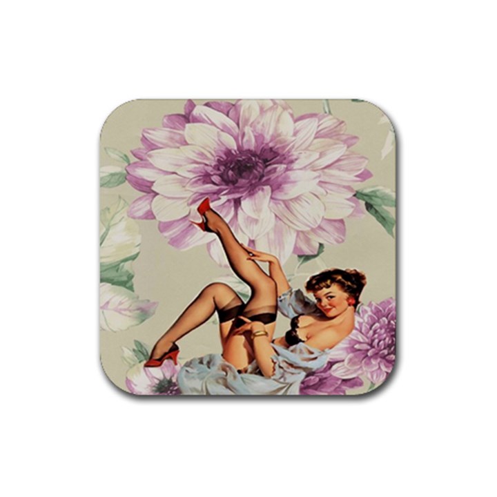 Gil Elvgren Pin Up Girl Purple Flower Fashion Art Drink Coaster (Square)