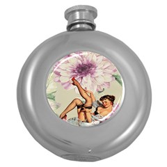 Gil Elvgren Pin Up Girl Purple Flower Fashion Art Hip Flask (round) by chicelegantboutique