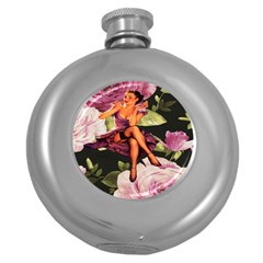 Cute Gil Elvgren Purple Dress Pin Up Girl Pink Rose Floral Art Hip Flask (round) by chicelegantboutique