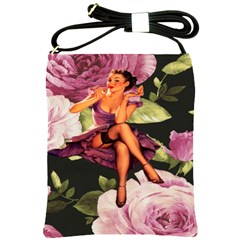 Cute Gil Elvgren Purple Dress Pin Up Girl Pink Rose Floral Art Shoulder Sling Bag by chicelegantboutique