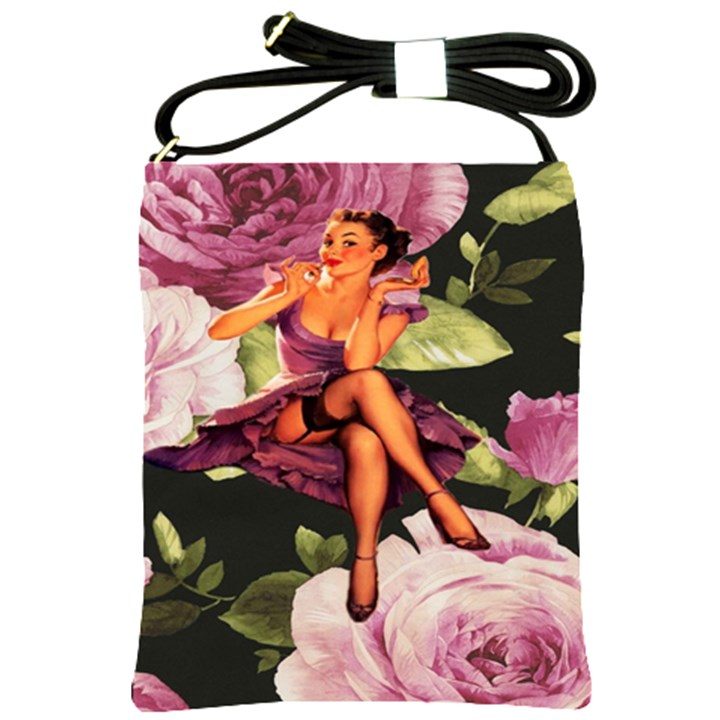 Cute Gil Elvgren Purple Dress Pin Up Girl Pink Rose Floral Art Shoulder Sling Bag