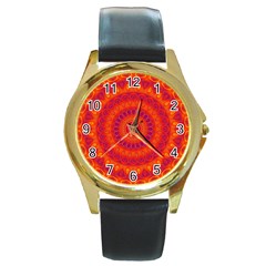 Mandala Round Leather Watch (gold Rim)  by Siebenhuehner