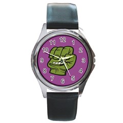 Hulk Smash Round Leather Watch (silver Rim) by Contest1738792