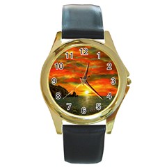 Alyssa s Sunset By Ave Hurley Artrevu - Round Gold Metal Watch by ArtRave2