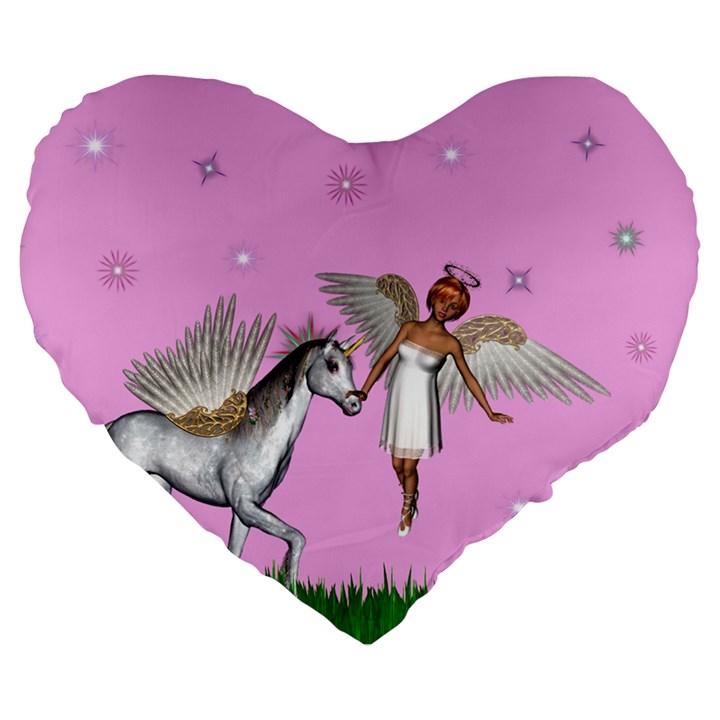 Unicorn And Fairy In A Grass Field And Sparkles 19  Premium Heart Shape Cushion