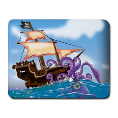 Pirate Ship Attacked By Giant Squid Cartoon  Small Mouse Pad (rectangle) by NickGreenaway