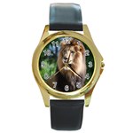 Regal Lion Round Leather Watch (Gold Rim)  Front