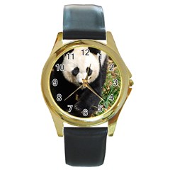 Giant Panda Round Leather Watch (gold Rim)  by AnimalLover