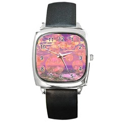 Glorious Skies, Abstract Pink And Yellow Dream Square Leather Watch by DianeClancy